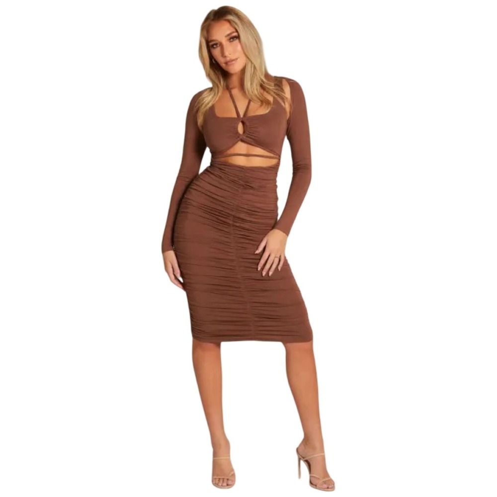Alana Eve Lexie Midi Dress Womens Large Brown Ruched Cutout Bodycon Party Sexy